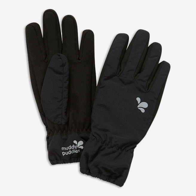 Black Waterproof Gloves laid flat on a white surface. The gloves feature the Muddy Puddles logo.